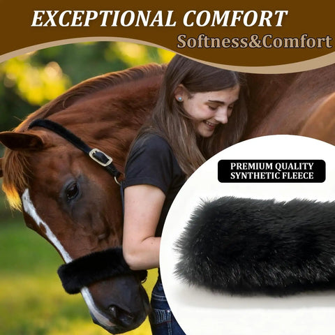 3 Pack Black Noseband Covers For Horses With Soft Fleece Padding shown on horse and close-up of fleece material