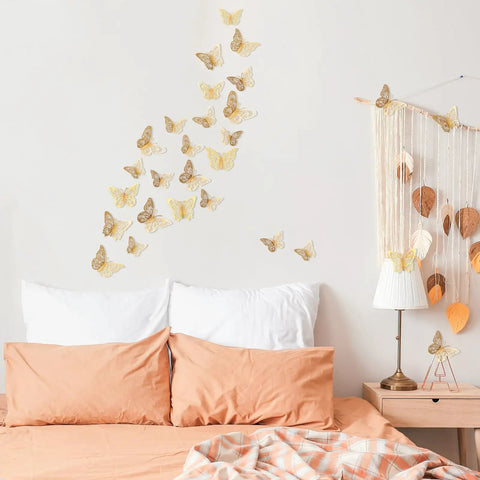 72 Pcs Gold Butterfly Decorations Set With Three Sizes And Three Styles 3D Wall Decor above bed in cozy bedroom setting