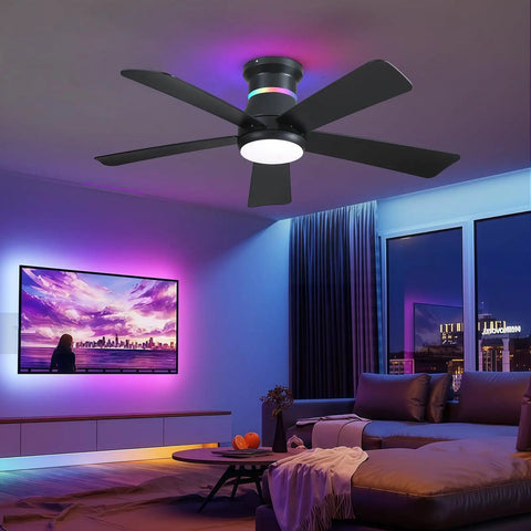 Dope 46 Inch Black Ceiling Fan With LED Lights And RGB Color Changing, Flush Mount Low Profile Ceiling Fan in modern living room