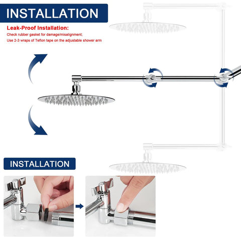 Installation guide for Adjustable Shower Arm Extension 16 Inch Chrome For Ultimate Shower Upgrade With Universal Connection Fits Any Shower Head Raise Or Lower Height And Tilt Angle Anti Leak Easy Install Durable Build showing assembly with leak-proof features.