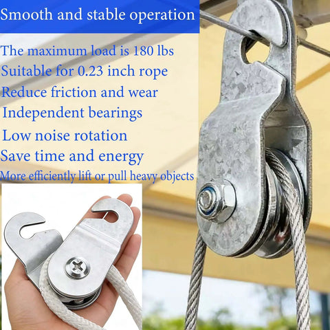 6 Pack Beefy Small Single Pulley Block Wheels With Bearings Open Close Load Up To 180 Lb Galvanized Aluminum Zinc Construction Heavy Duty Cable Pulley Set For Lifting And Rigging, shown with rope