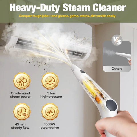 Heavy Duty Steam Crusher Blasts Through Gunk Stat With Five Bar Pressure And Industrial Stainless Boiler Ships Ready With A Twenty Piece Accessory Kit To Handle Every Mess Today, handheld steam cleaner showing high-pressure steam output.
