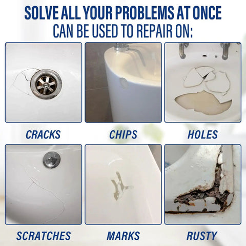 Image showing cracks, chips, holes, scratches, marks, and rust that can be repaired by White Porcelain Repair Kit For High Gloss Sinks Tiles And Tubs Quick Chip Crack Hole Fix With Ultra Bond Strength Ceramic And Enamel Repair For Toilet And Shower Tray Waterproof And Durable Finish For Everyday Use.
