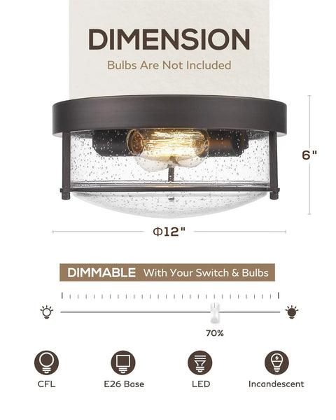 Dimensions and features of 12-inch Oil Rubbed Bronze Farmhouse Flush Mount Ceiling Light With Seeded Glass Shade