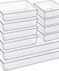 10 Piece Clear Drawer Organizer Set With Three Sized Trays Solid Bathroom Vanity Or Kitchen Storage Heavy Duty Plastic Bins stacked with perforated design.