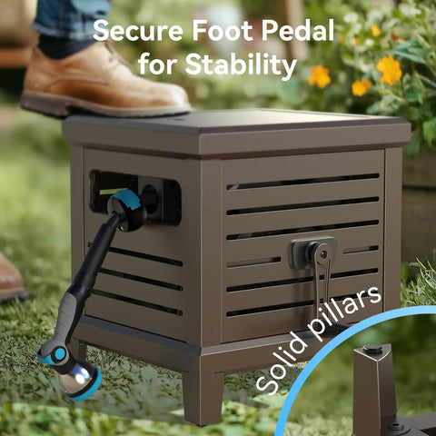 Heavy Duty Hose Reel With Never Leak System Metal Deck Box Hideaway for 125 Feet 5 8 Inch Hose with secure foot pedal