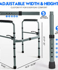 Heavy Duty Foldable Toilet Safety Rails For Seniors With Adjustable Height Bars showing adjustable width and height settings.