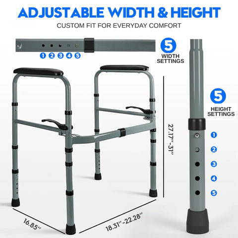Heavy Duty Foldable Toilet Safety Rails For Seniors With Adjustable Height Bars showing adjustable width and height settings.