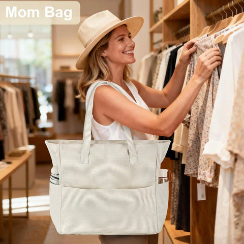 Woman shopping with Large 36L Waterproof Beach Tote Bag For Women With Zipper Wet Pocket Sandproof Lightweight Foldable Carryall