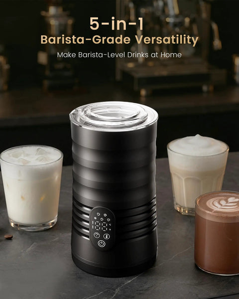 Cafe-Style Barista-Grade Milk Foam Maker And Frother With Temperature Display, 350Ml Capacity next to lattes and hot chocolate