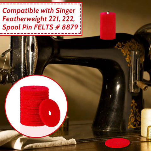 Red Spool Pin Felt Pads For Sewing Machines, 100 Pieces Replacement Felts For Spool Pins, Thread Spool Pin Adapter, Treadle Machine Parts, Ideal For DIY Sewing Arts Crafts And Projects, red felt pads on Singer machine