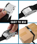 Set Of 16 Heavy Duty Cambuckle Tie Down Straps With S Hooks, 1763 Lb Break Strength, securing box, cam buckle close-up
