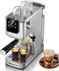 Top Shelf 20 Bar Espresso Machine With Hot And Iced Beverage Options Solid Stainless Steel Coffee Brewer brewing espresso shots.