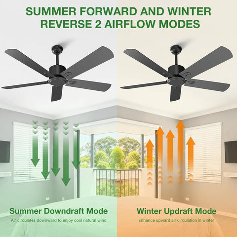 Diagram of 52 Inch Black Outdoor Flush Mount Ceiling Fan With Remote Control No Light, 5 Blades, 6 Speed DC Motor, showing airflow modes.
