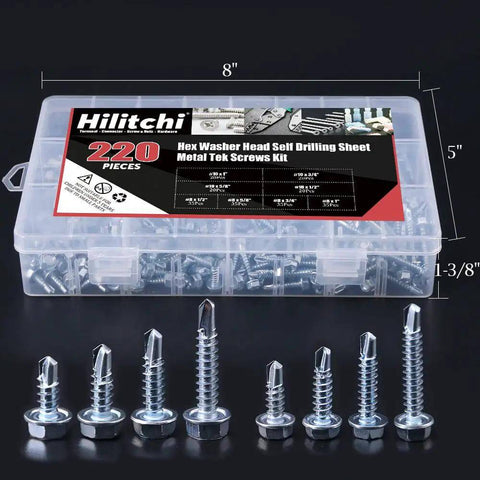 Zinc Plated Hex Washer Head Self Drilling Sheet Metal Screws Assortment Kit with eight popular sizes for DIY projects and auto metalwork.