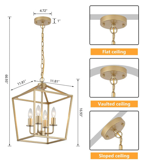 Built Tough Industrial Four Light Chandelier With Killer Gold Lantern Pendant And Rustic Metal Cage. Adjustable height for various ceiling types.