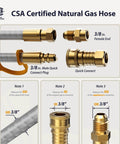 Natural Gas Hose 25 Foot Three Eighths Inch ID With Stainless Steel Inner Wire And PVC Rubber Outer Layer Tool Free Quick Connect fittings