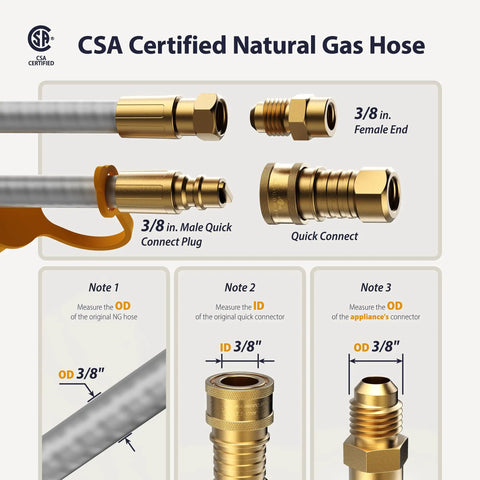 Natural Gas Hose 25 Foot Three Eighths Inch ID With Stainless Steel Inner Wire And PVC Rubber Outer Layer Tool Free Quick Connect fittings