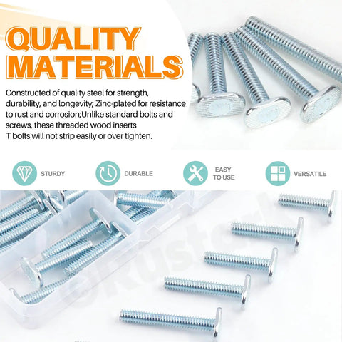 40-Piece Tee Bolts Set With 5 Sizes 1/4-20 T Bolts For T Track And T-Slot Systems, showcasing zinc-plated bolts in a case.