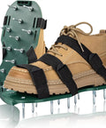 Heavy Duty Lawn Aerator Shoes With Upgraded Adjustable Buckle Straps showing green sole and deep spikes for grass aeration