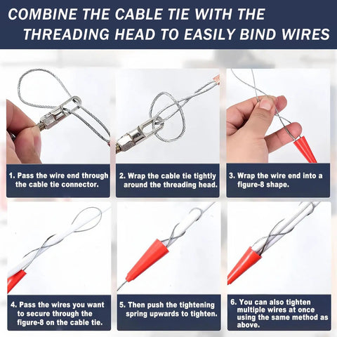 Heavy Duty Cordless Cable Puller With Wireless Brushless Motor For Easy Pipe Threading And Wall Wiring Jobs On Conduit Or Communication Lines Made Simple, showing step-by-step wire binding instructions.