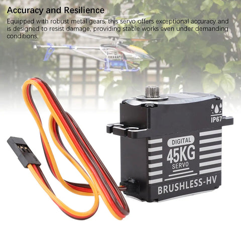 Heavy Duty 180 Degree Brushless Servo Delivering Beast Mode 45kg Coreless Motor Power and Full Steel Gears for RC usage.