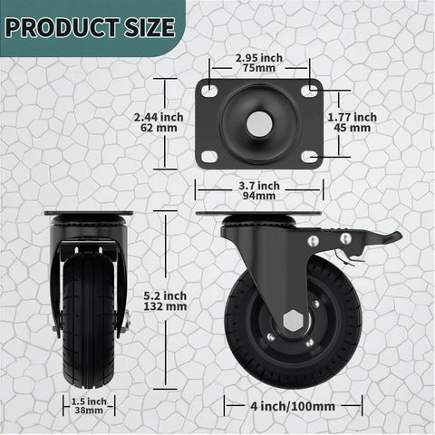 Rock Solid 4 Inch Premium Plate Caster Wheels Swivel With Brake Heavy Duty Rolling Cart Casters Featuring Solid Rubber Tires size dimensions illustration.