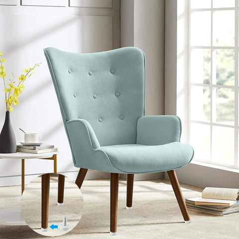 Light blue chair with wooden legs using 24 Pack Adjustable Furniture Levelers M6x15mm For Tables Chairs Cabinets White Screw On Glide Feet.