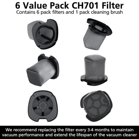 Six Pack CH701 Vacuum Filter Replacement For Cyclone PET Handheld Vacuums Easy Fit And Strong Suction Works With CH700 CH701 CH701C CH700WM, 6-pack filters
