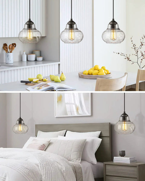 8 Inch Globe Pendant Light With Hand Blown Bubble Glass And Seeded Glass Details, Industrial Farmhouse Style Ceiling Fixture in kitchen and bedroom settings.