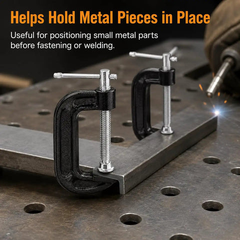 Six Pack 4 Inch C Clamps Set Black Malleable Iron C Clamps For Woodworking, Welding, Metalworking, Building, Repair And DIY Projects, Pro Grade Grip And Heavy Duty Performance For Pros And DIYers, securing metal piece on workbench