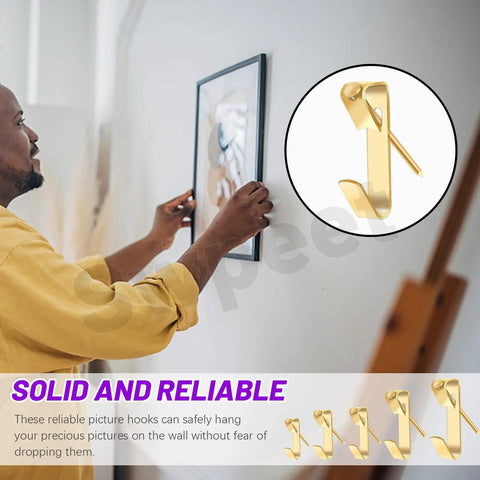 75 Piece Picture Hanger Kit With Nails, 5 Sizes Beefy Heavy Duty Metal Hangers For Drywall, 10Lb 20Lb 30Lb 50Lb 100Lb, Golden Finish, Picture Hanging Hardware For Frames And Wall Decor. Man hanging frame with golden metal picture hook