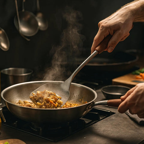 Side view of a stainless steel wok spatula with wooden handle lifting stir-fry in a metal wok over a gas stove.
