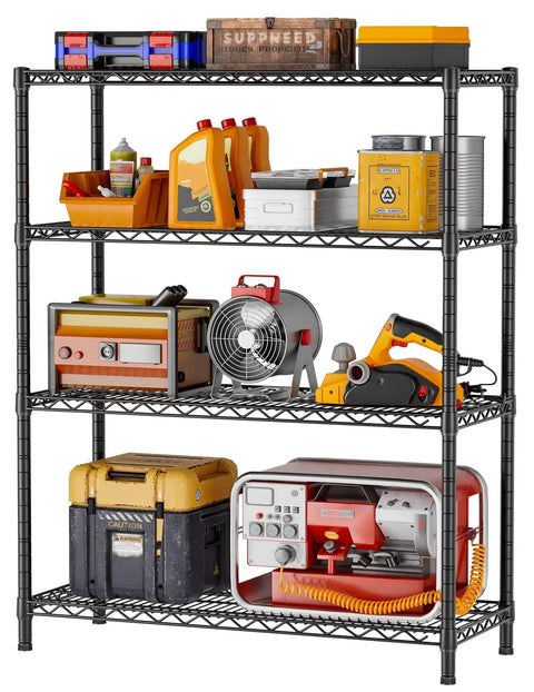 Beefy Heavy Duty Wire Shelving Unit With Four Adjustable Shelves Metal Storage Rack 350 Lb Per Shelf And 1400 Lb Total Capacity Easy No Tools Setup 18 Inch Deep 46 Inch Wide 59 Inch High black wire rack with garage tools and containers