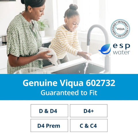 Mother and child washing dishes, Genuine Viqua 602732 ad for D4 and C4 water purification systems, esp water logo visible