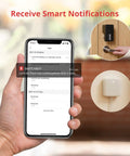 Hand holding smartphone displaying app notifications for Bluetooth Keyless Smart Lock For Front Door With Easy Install, Works With WiFi Bridge Sold Separately, Perfect For Airbnb Rentals And Vacation Homes, Fits Standard Doors No Drills Required.