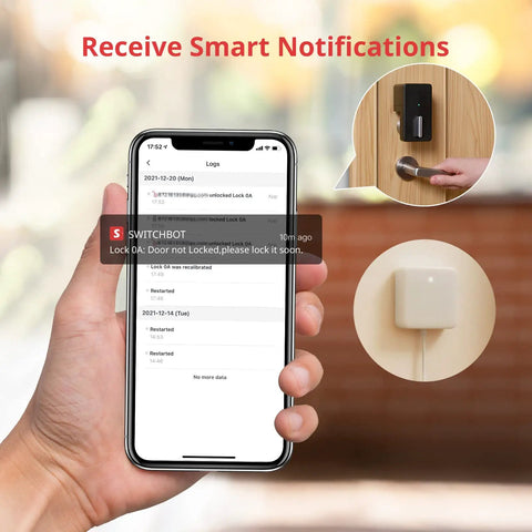 Hand holding smartphone displaying app notifications for Bluetooth Keyless Smart Lock For Front Door With Easy Install, Works With WiFi Bridge Sold Separately, Perfect For Airbnb Rentals And Vacation Homes, Fits Standard Doors No Drills Required.