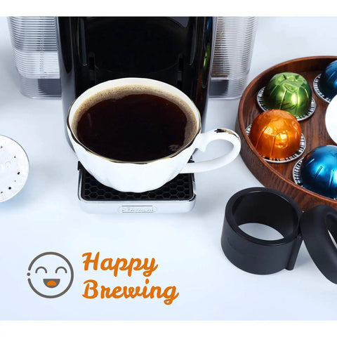 Coffee cup, Refill Kit For Nespresso VertuoLine Pods With Reusable Capsule Holder, surrounded by colorful capsules on a tray.