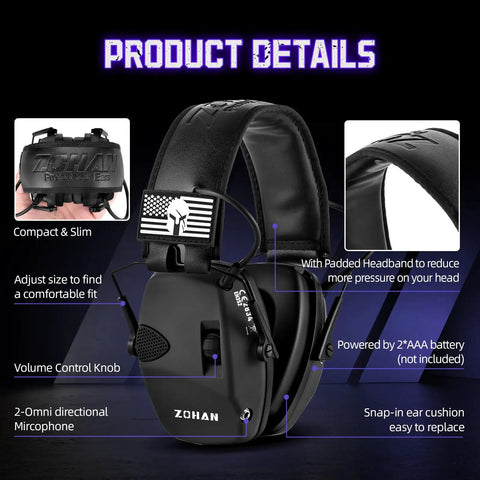 Electronic Shooting Earmuffs With Patches 2 Pack Hearing Protection For Shooters On The Range NRR 23dB Noise Reduction Ear Protection Headphones Black And Black with adjustable fit and padded headband, close-up view.