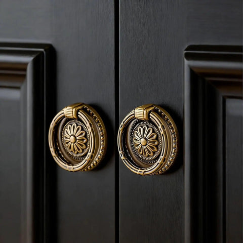 Antique Brass Ring Pulls Set Of 30 Solid Brass Cabinet Knobs And Drawer Handles on black cabinet, Vintage European Style