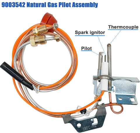 9003542 Natural Gas Pilot Assembly with copper tubing, orange wiring, thermocouple and spark ignitor for water heater