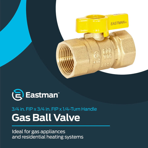 Straight Gas Brass Ball Valve 3/4 In FIP To 3/4 In FIP With 1/4 Turn Handle for gas lines, indoor use, Eastman brand