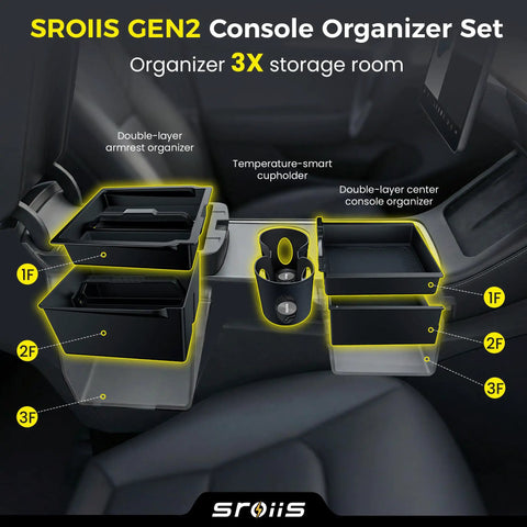 Gen 2 Must-Have Double Layer Center Console Organizer For Tesla Model Y, 2-Tier Storage System, Jet Black Interior Accessory