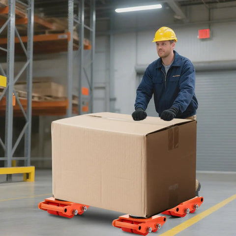 Heavy Duty Machinery Mover Dolly With Four Spinning Wheels And Non Slip Tray for moving large cardboard box in warehouse.