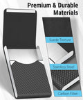 Inside view of Slim RFID Blocking Card Holder in Black Carbon PU Leather and Stainless Steel with Magnetic Closure, showcasing materials