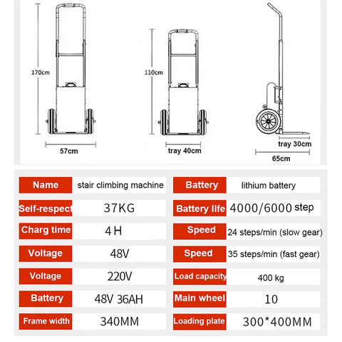 Must-Have Electric Hand Truck Stair Climber With 400kg Heavy Load Capacity, Brushless Motor, 48v Removable Battery, Up And Down Stairs Made Easy dimensions and specifications chart.