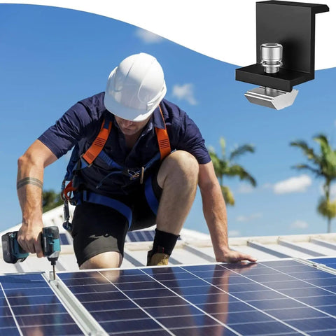 Top Tier 12 Piece Z Shaped Aluminum Solar Panel Mounting Bracket And No Sweat Clamp Kit For 35 Millimeter Corrosion Resistant Rooftop installation by a worker.