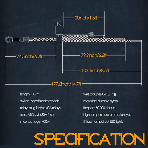 Diagram showing dimensions of Two Lead Wiring Harness Kit 12V 40A Relay With Nylon Jacket Red Rocker Switch Fuse Mounting Hardware