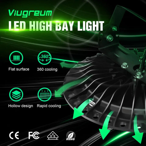 Close-up of Viugreum LED High Bay Light showcasing hollow design and cooling features, not labeled as 300W UFO LED High Bay Light For Warehouse And Workshop Lighting, 30,000 Lumens, 6500K Daylight White, IP65 Waterproof Bay Fixture For Garage Barn Wet Location, Durable LED Light 5-Pack