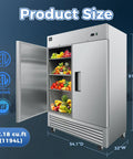 Heavy Duty Commercial Reach In Upright Refrigerator With Slick Stainless Finish Boasting A Massive Forty Three Cubic Foot Layout showcasing colorful fruits inside.